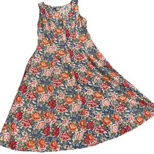 Jennifer Moore Blue Floral Button Front Sleeveless Sundress Dress Medium Pockets